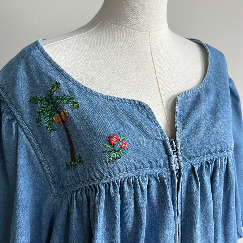 Vintage Women’s Plus Size Denim Embroidered Safari Art‎ Full Zip Pocket Dress 2X - Picture 3 of 10